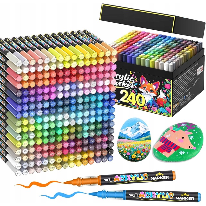 Set markere acrilice 240 culori, varf flexibil, rapid uscare, rezistent la estompare