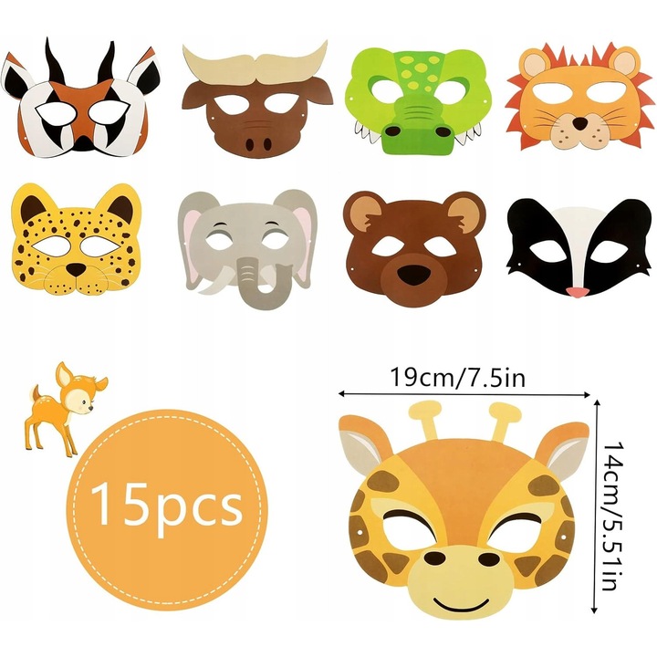 Set 15 Masti Animale Safari, 15x19cm, Diverse Culori, pentru Petreceri si Distractie