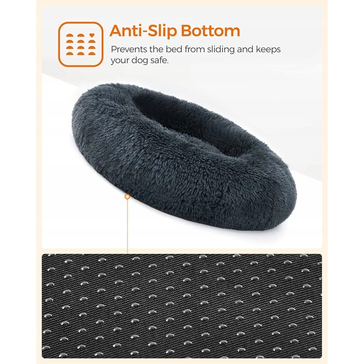 Кръгла кучешка и котешка възглавница, 60 см, тъмносива, плюшен материал, противоплъзгаща