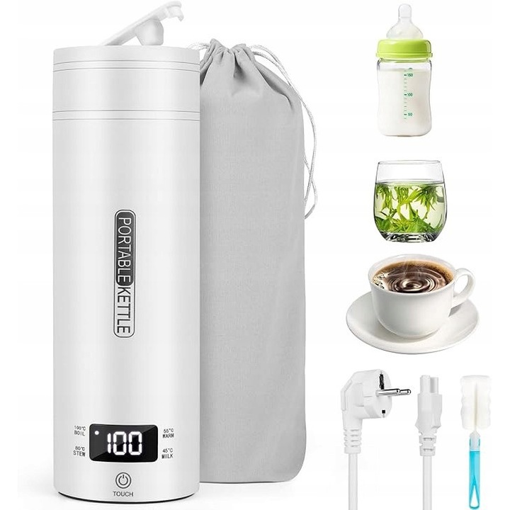 Fierbator electric portabil 500ml, mini, 4 setari temperatura, otel inoxidabil, 22,5cm