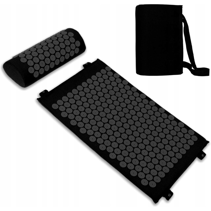 Saltea de acupresura cu 230 de colti, set cu perna si husa, 68x42cm, gri + negru