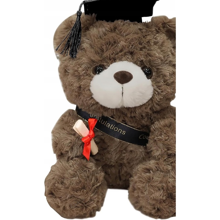 Ursulet de plus absolvent cu palarie si diploma, 23cm, culoare maro, cadou pentru absolvire
