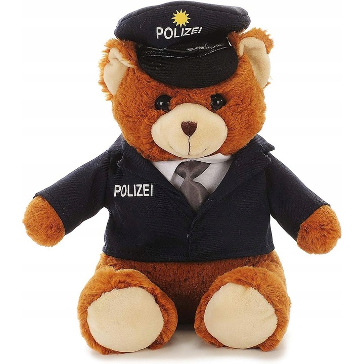 Ursulet de plus, 20-25 cm, cu uniforma de politist, culoare maro cu albastru, jucarie de plus