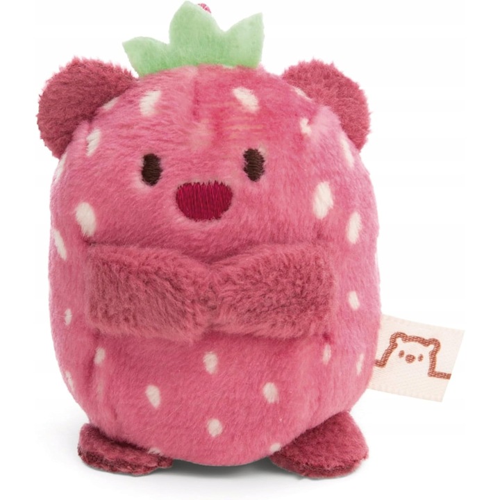 Ursulet de plus, roz, 5 cm, in costum de capsuna, breloc, jucarie de plus