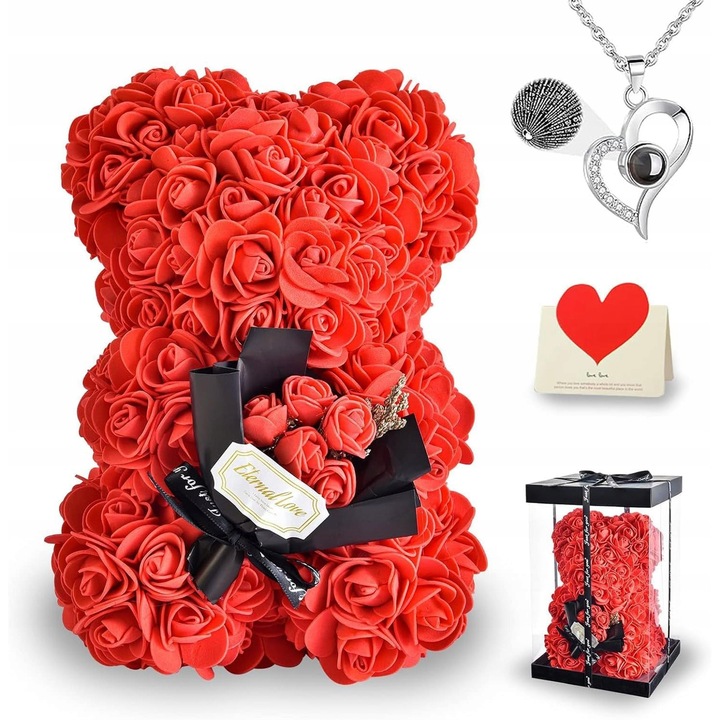 Set ursulet cu buchet de trandafiri si colier "Te iubesc" in 100 de limbi, 25,4 cm, cadou pentru Valentine's Day