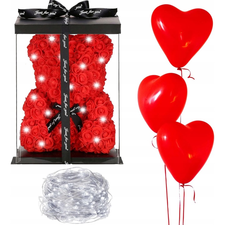 Set ursulet cu trandafiri, 30cm, rosu, cu lumini LED, ambalaj cadou
