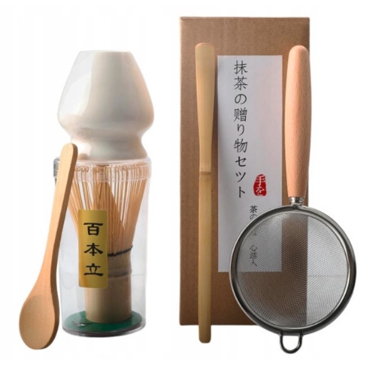 Set 4 piese pentru ceremonie matcha, miotelka, 2 lingurite, suport ceramic, alb-roz, 100% bambus
