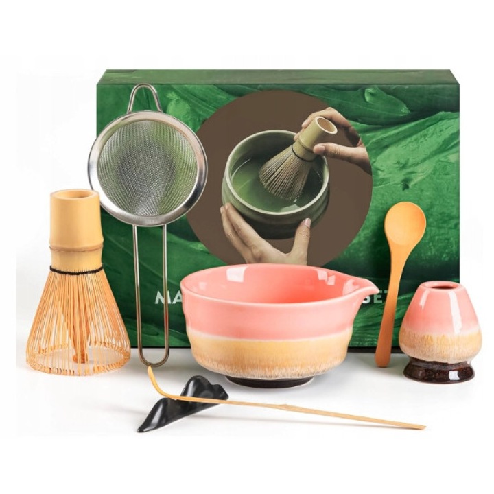 Set 7 piese pentru prepararea matcha, bol ceramic, accesorii bambus, roz