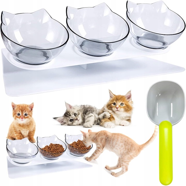 Set 3 boluri pentru pisici, 13 cm, transparent, cu suport antiderapant, usor de curatat