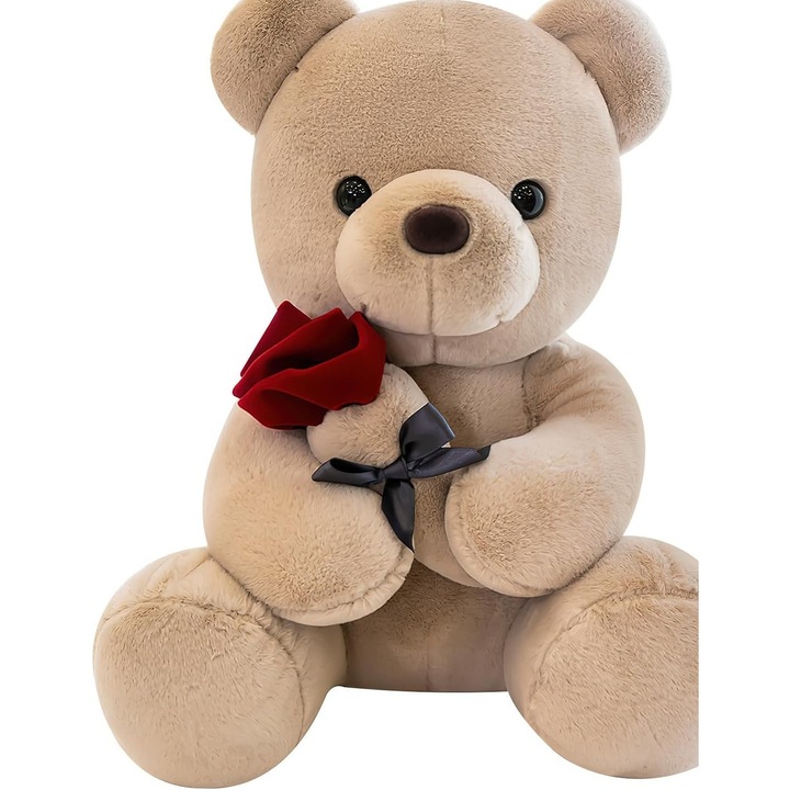Ursulet de plus cu trandafir, 25 cm, culoare bruna, jucarie decorativa