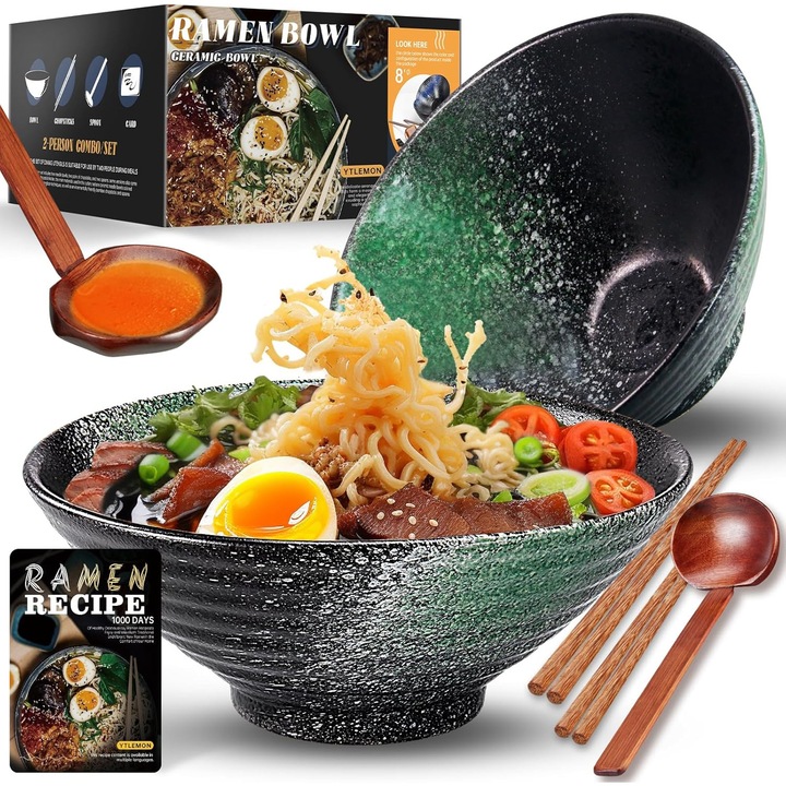 Set 2 boluri ceramice pentru ramen, capacitate 1000 ml, diametru 20 cm, insotite de 2 linguri din bambus si 2 perechi de betisoare