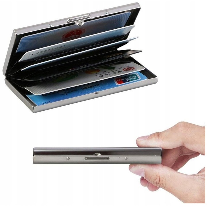 Etui pe carduri metalic RFID, argintiu, 6 compartimente, 9,5x6,5cm