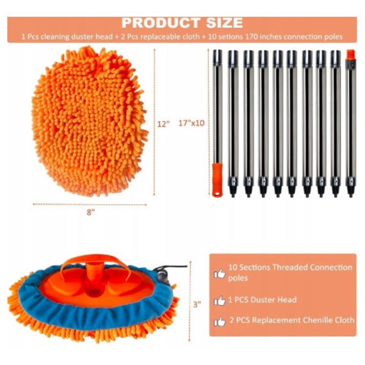 Mop telescopic pentru pereti si tavane, 4,3 m, microfibra, portocalie, set complet cu 2 accesorii