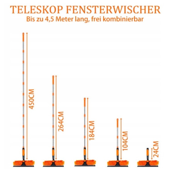 Teleszkópos ablaktisztító vasalathoz, 4,5 m, 2 az 1-ben, mikroszálas + szilikon, narancssárga