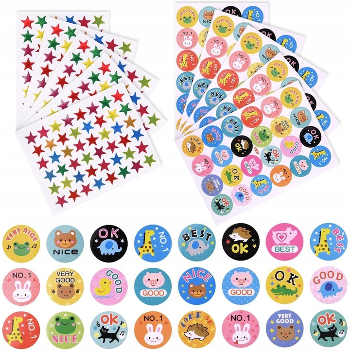 Set de stickere decorative pentru copii, 1200 bucati, 20 stickere cu stele, 10 stickere cu animale, multicolor