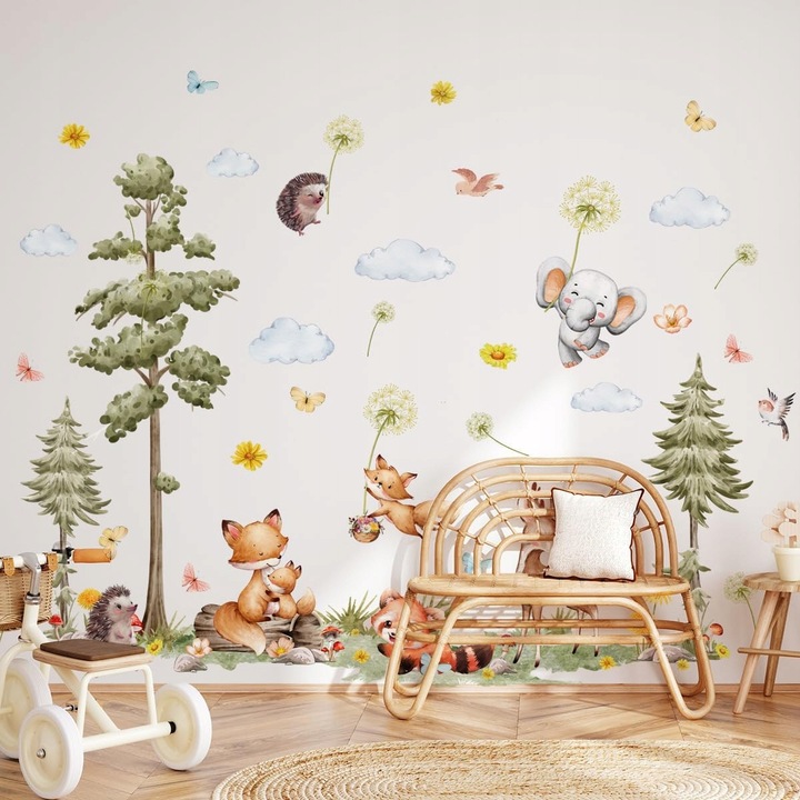 Set stickere decorative pentru copii, tema padure si animale, 2 foi 90x30cm, waterproof, usor de aplicat
