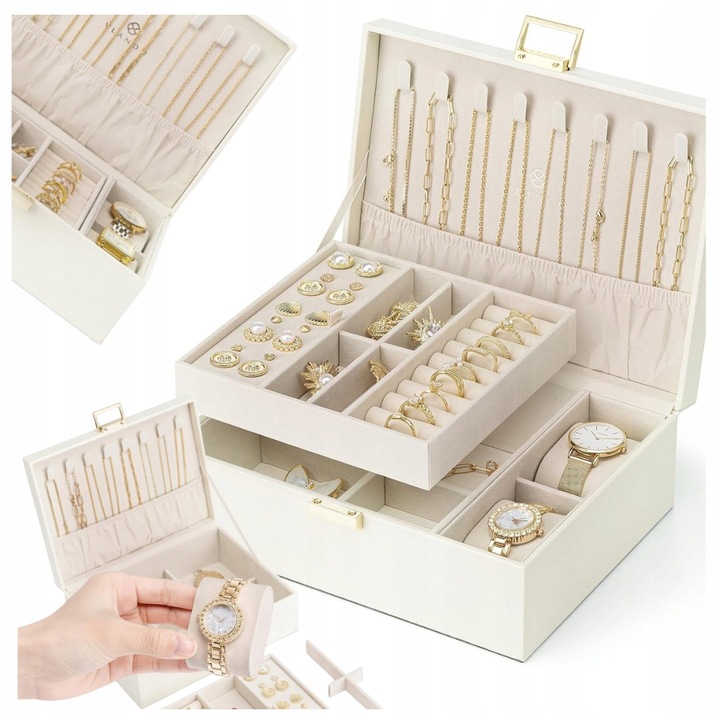 Кутия за бижута, 2 нива, кожа, 22,9x17,3x8,5см, с възглавнички за часовници, комплект