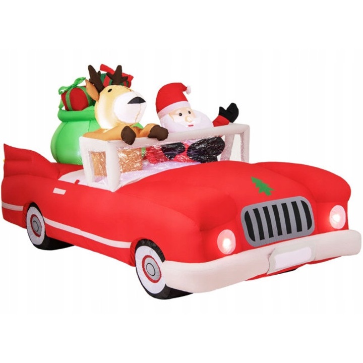 Decoratiune de Craciun LED, Mos Craciun si renifer in masina, multicolor, 118x235x125cm, set complet