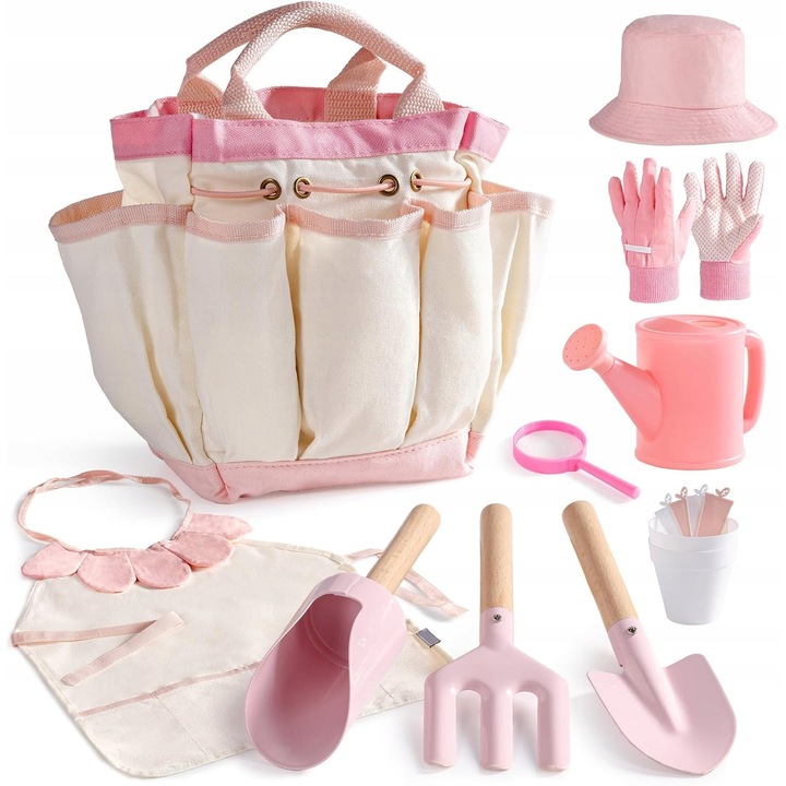 Set joaca gradinarit 18 elemente, roz, pentru copii, cu unelte si accesorii