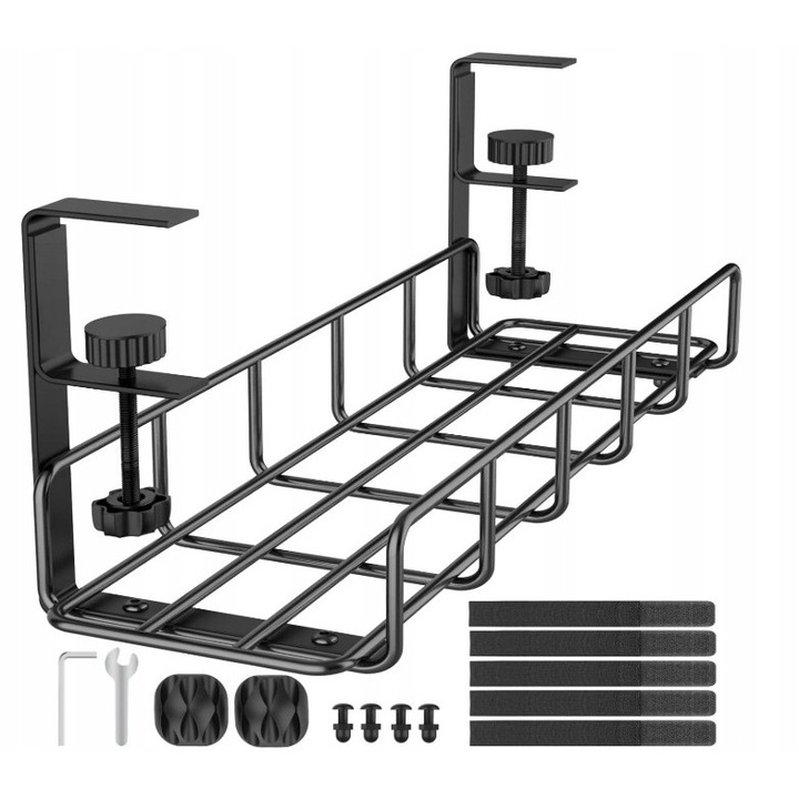 Oeganizator modern pentru cabluri, negru, montare fara gaurire, constructie metalica, dimensiuni reglabile