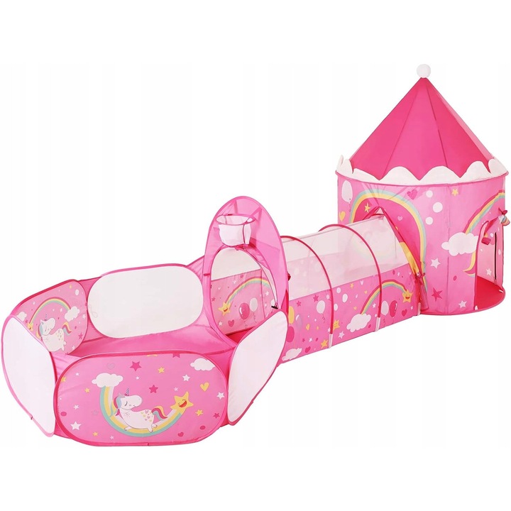 Cort de joaca cu unicorn, set cu tunel, roz, 100x135cm