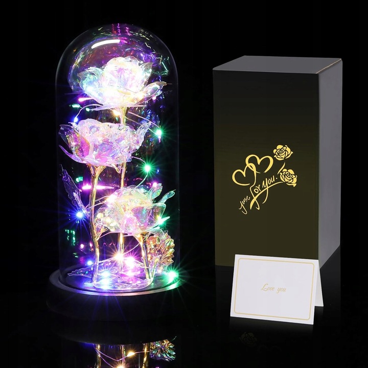Aranjament floral decorativ cu LED, floare eterna in sticla, cu cutie de cadou, roz, 20 LED