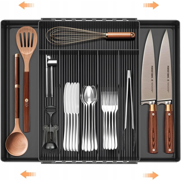 Organizator pentru sertar, 8 compartimente, extensibil, negru, 37x33x5cm