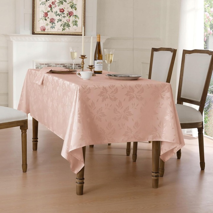 Fata de masa roz, 180x140cm, design floral elegant, hipoalergenic, rezistent la pete