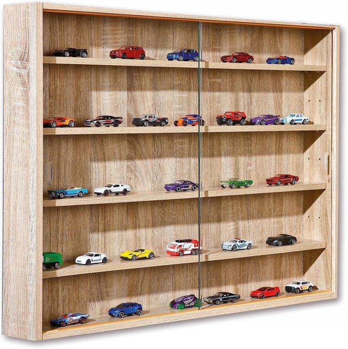 Vitrina moderna suspendata din lemn cu usi din sticla, 4 rafturi, sticla transparenta / lemn brun, 9,5x60x80cm