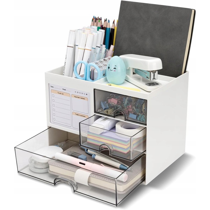 Organizator birou cu 3 sertare, 5 compartimente, alb, fara montaj
