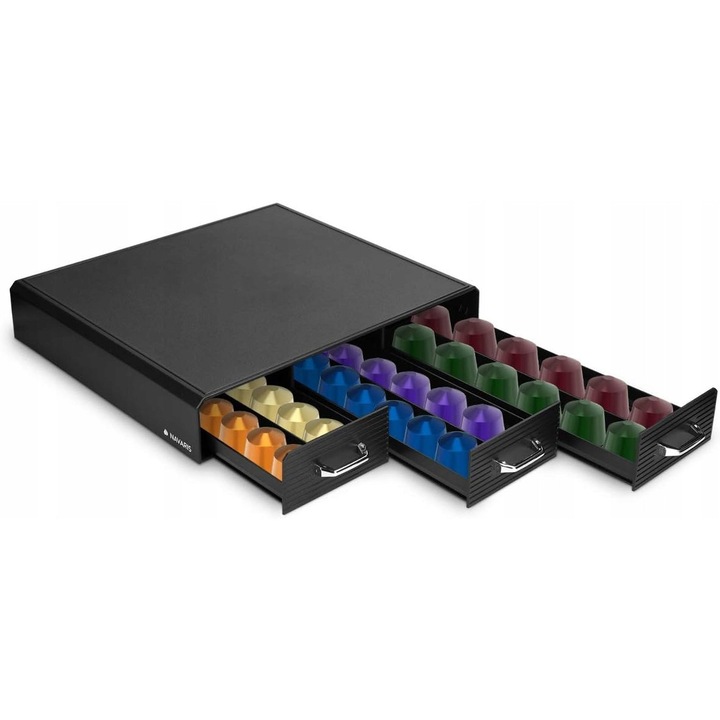 Органайзер за кафе капсули Navaris, 3 чекмеджета, пластмаса, 34.2x6.5x32.5см, черен