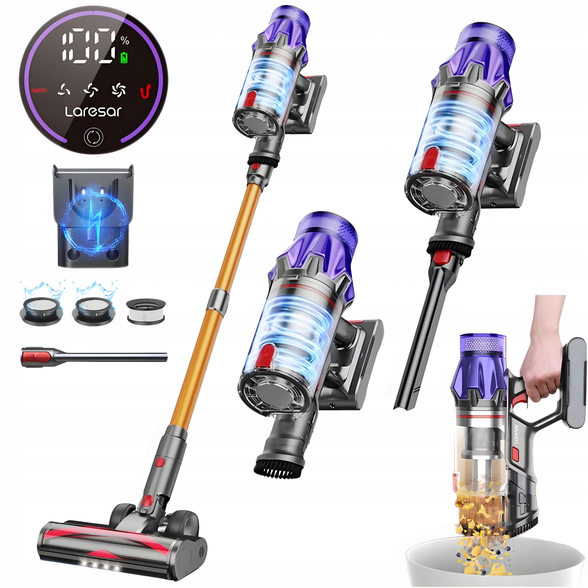 Aspirator vertical fara fir Laresar V7, 550W, filtr HEPA, 1,5l, accesorii incluse