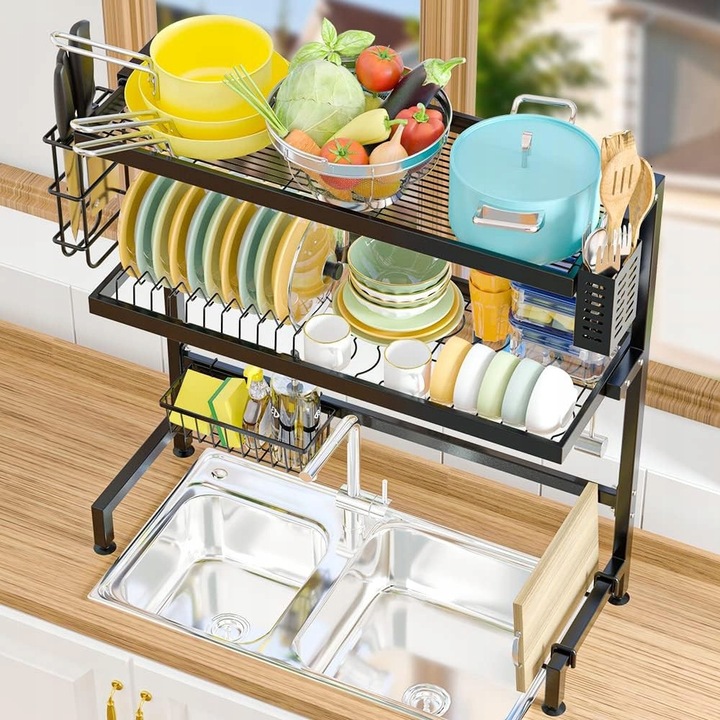 Scurgator vase 3 niveluri, negru, 65x78x27cm, rezistent la rugina, montare pe blat