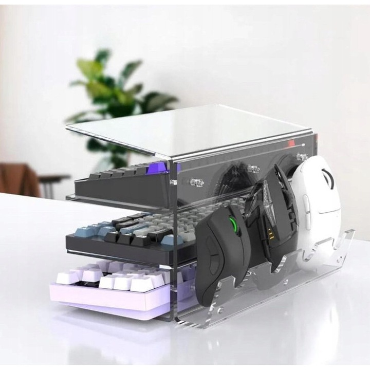 Organizator gaming, 3 niveluri, suport pentru tastatura/controler/mouse, acril, transparent, montaj simplu