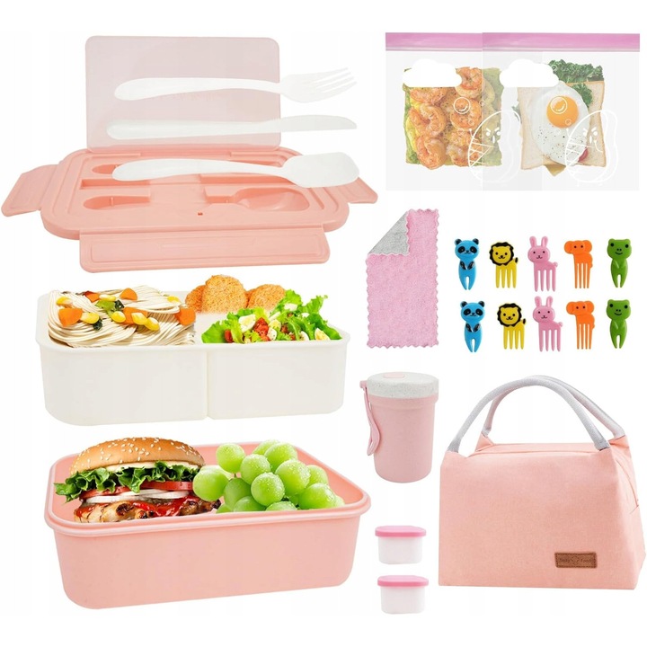 Cutie alimentara, set termic, roz, 1400ml, cu 3 compartimente, tacamuri incluse
