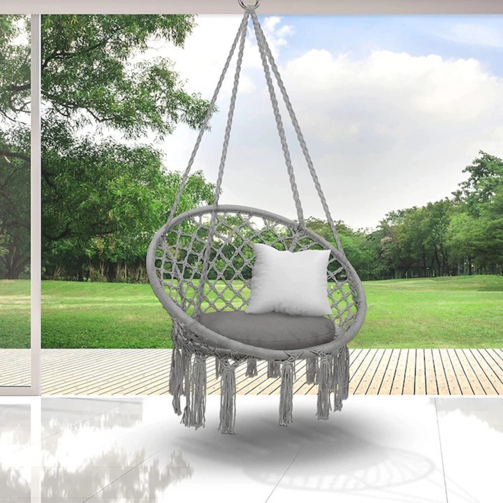 Leagan suspendat tip balansoar, Varioshop, cu perna, cadru metalic, diametru 80 cm, sezut 60 cm, franghie reglabila 90-115 cm, sarcina maxima 150 kg, gri