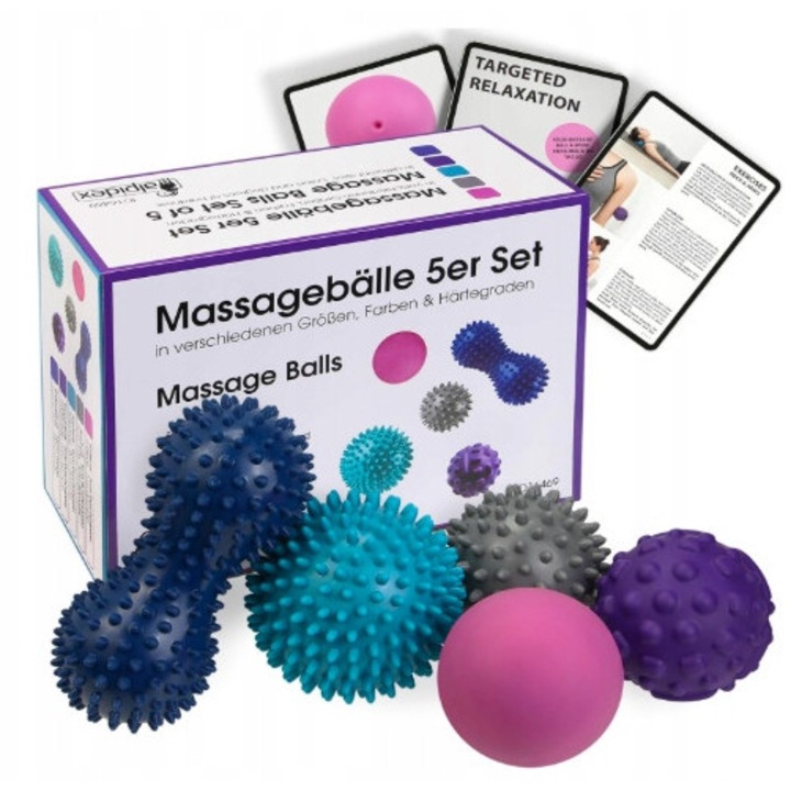 Set de 5 mingi de masaj, diverse forme si duritati, pentru masajul fascial, mobilitate, multicolor