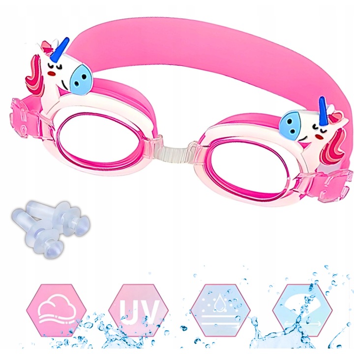 Ochelari de inot pentru copii, roz, pentru urechi si nas, 14cm