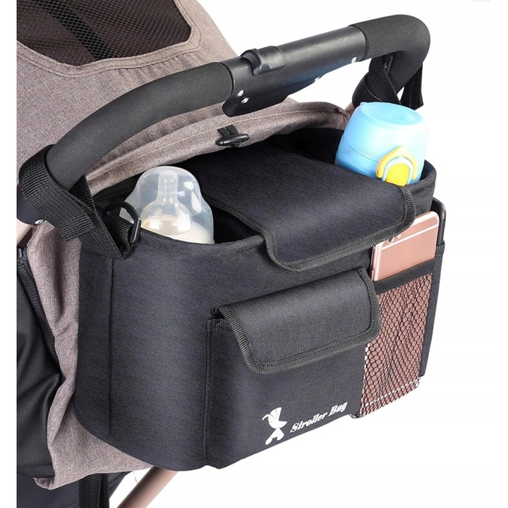 Organizator pentru carucior, 36x15x18cm, negru, cu suporturi izolate pentru cani, usor de instalat