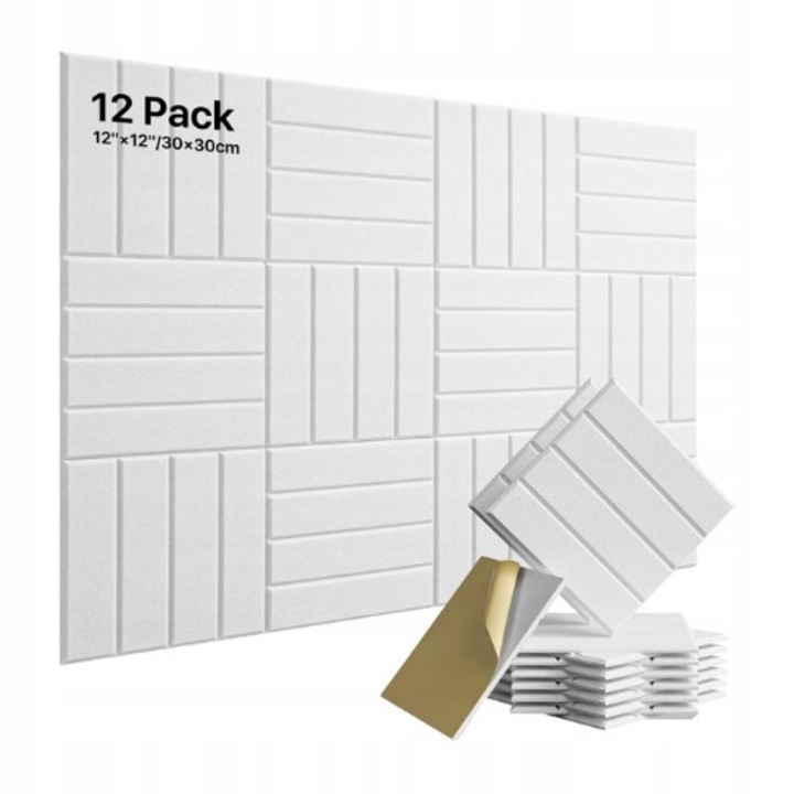 Panele acustice autoadezive set 12 bucati 30x30x0,9 cm albe