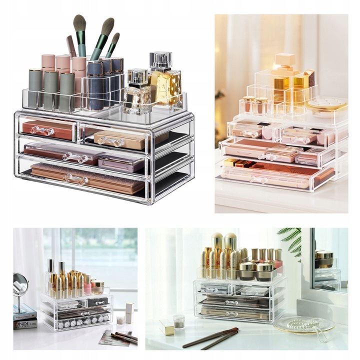 Organizator cosmetice, transparent, cu 4 sertare si 11 compartimente, 24x14x19cm