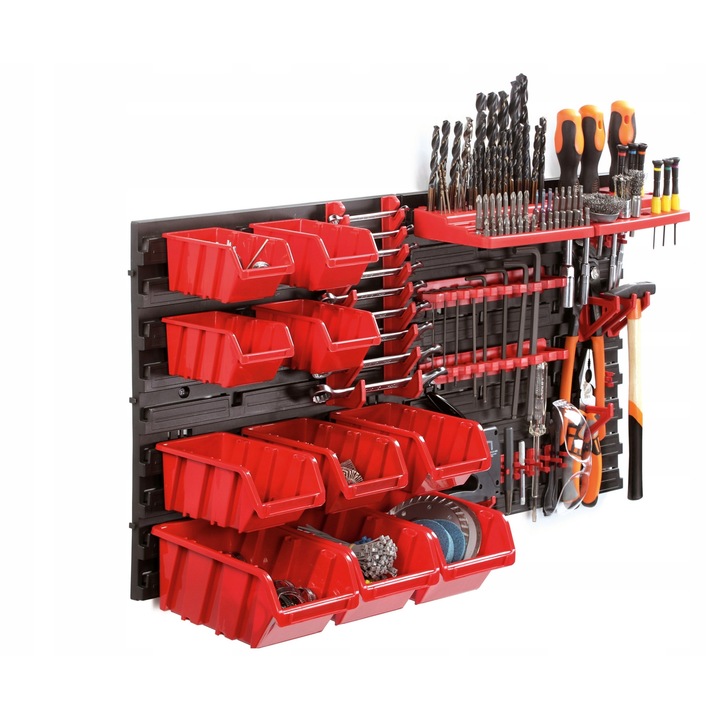 Organizator pentru atelier, Prosperplast, cu 10 recipiente, 2 tablice, rosu