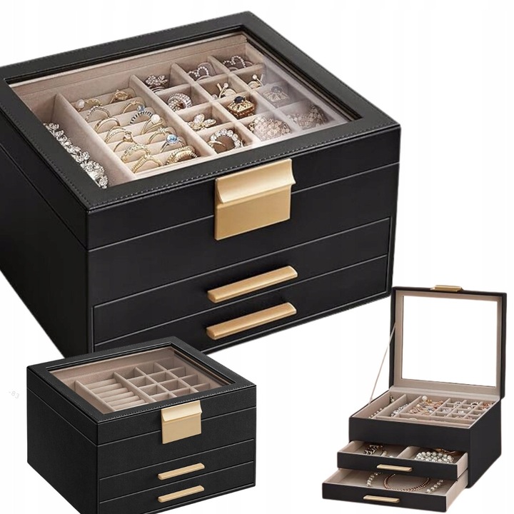 Кутия за бижута, 3 нива, черна със златисто, 23,1x20,3x13,5см