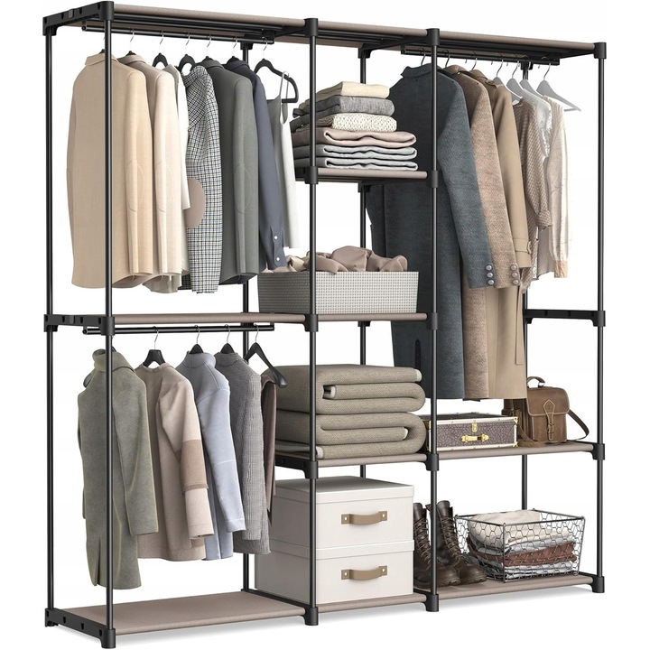 Sifonier metalic deschis, 10 rafturi, 3 suporturi pentru haine, negru, 182x100x45cm