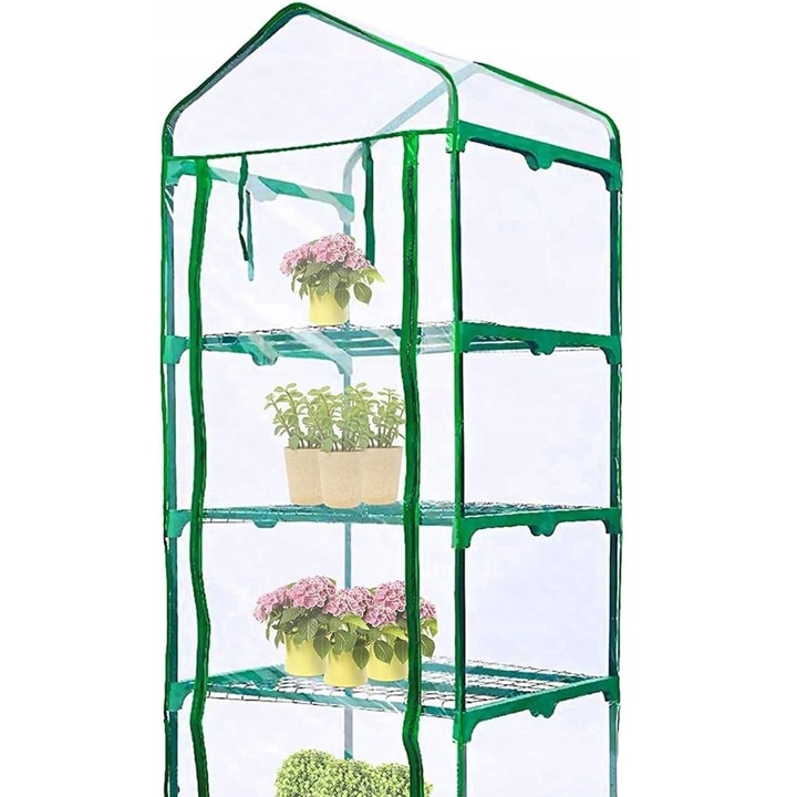 Husa pentru sera 4 niveluri, 160x70x50 cm, verde/transparent, cu usi rulabile si fermoar