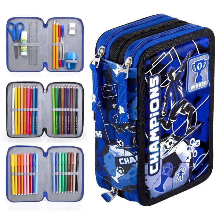 Set penare, 45 accesorii scolari, negru-albastru, 20 cm