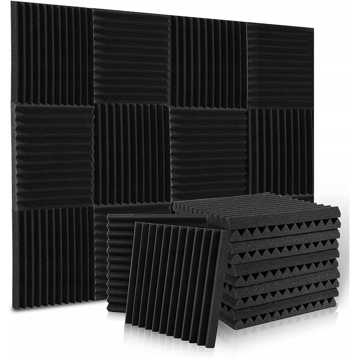 Akusztikus panel készlet, 12 db, 3,5m2, poliuretán, 30x30x2,5cm, fekete