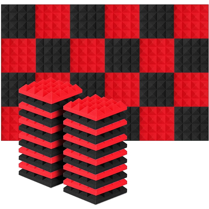 Set 24 panouri acustice, 12 negre si 12 rosii, 25x25x5cm