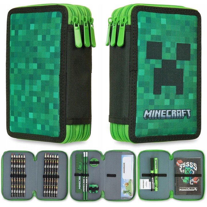 Penar triplu Minecraft, set cu articole de papetarie, negru, dimensiuni mari