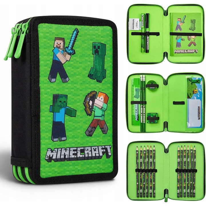 Piornik Minecraft, 2 compartimente, set cu rechizite, multicolor